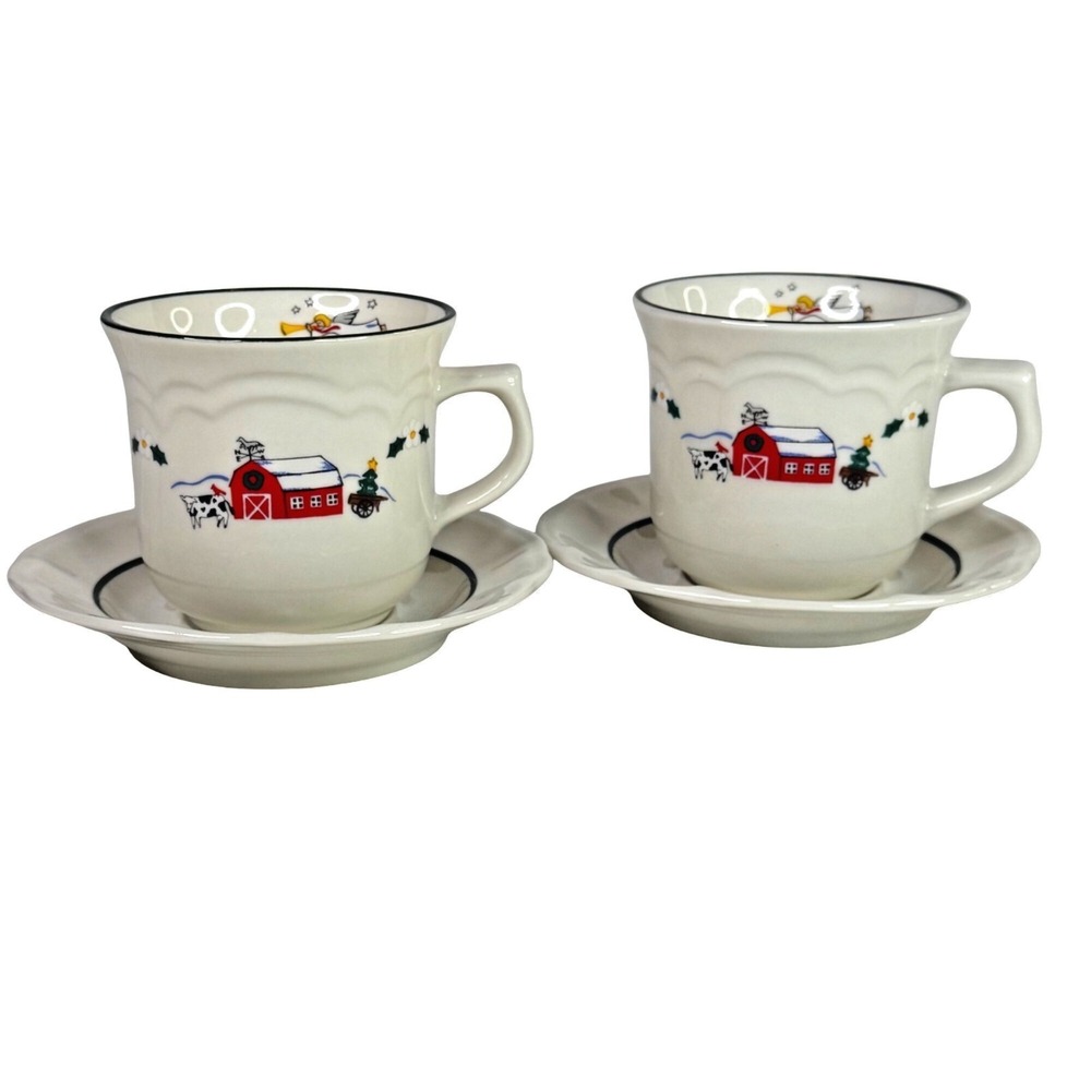 Pfaltzgraff Snow Village Mugs & Saucers Set Of 2 Christmas Angel Farm Barn VTG